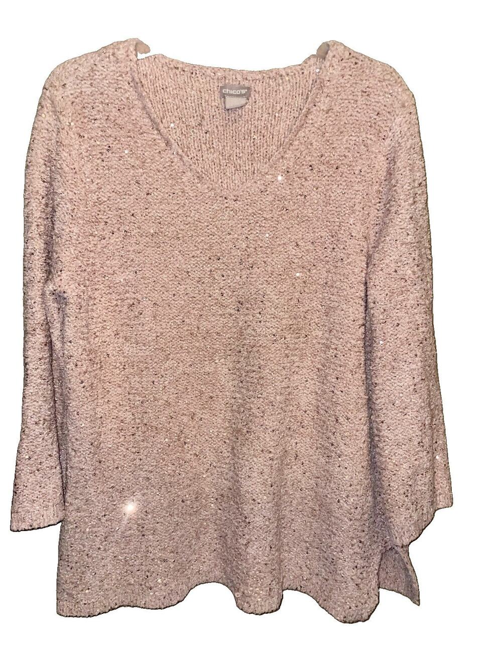 Chico’s Women’s Beautiful Pink Sequined Knit Sweater Sz Large V-Neck Shimmery